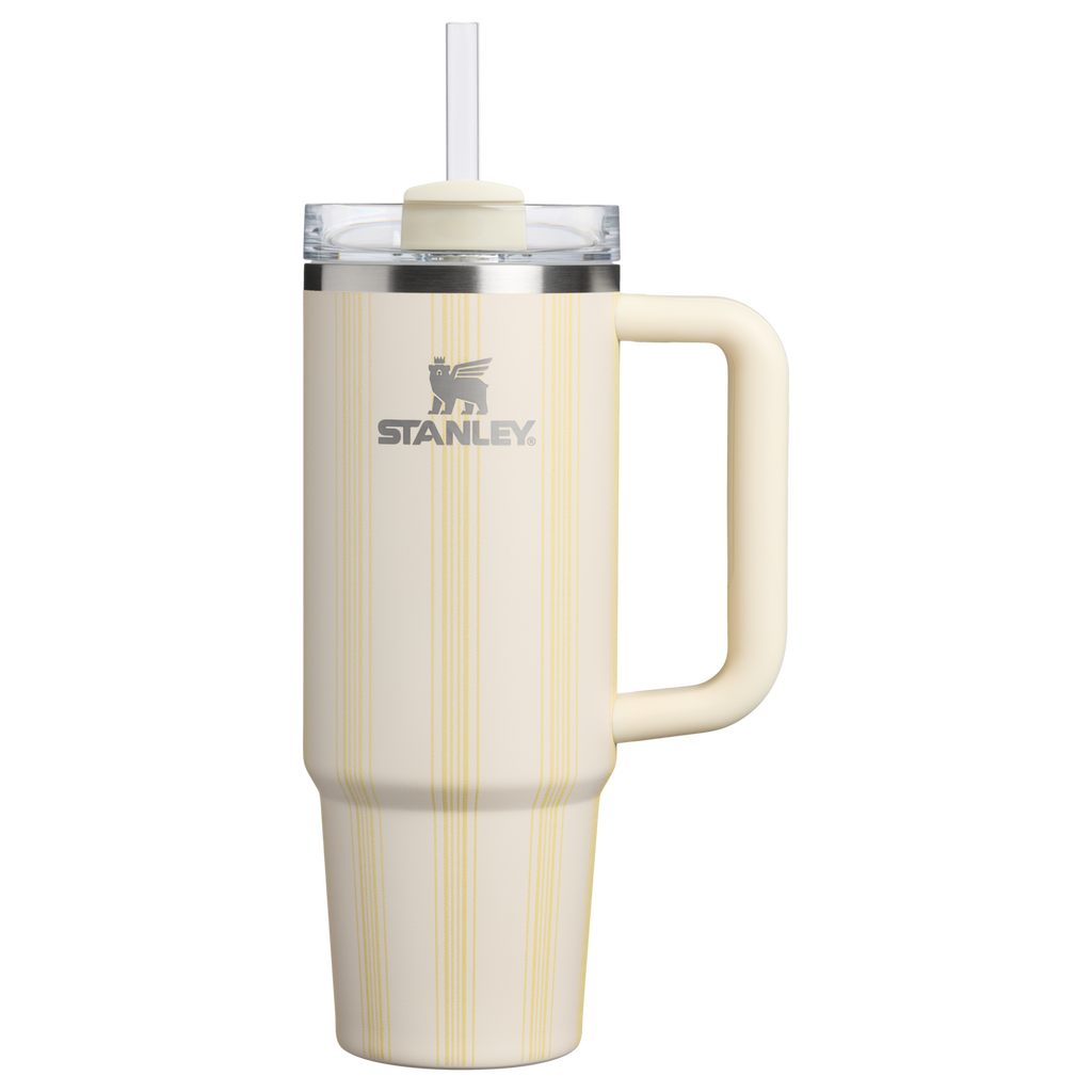 Splash-Resistant FlowState The Quencher H2.0 Flowstate Tumbler D343V - Double-Wall Vacuum Insulated Travel Tumbler with Straw - Cream Picnic Stripe